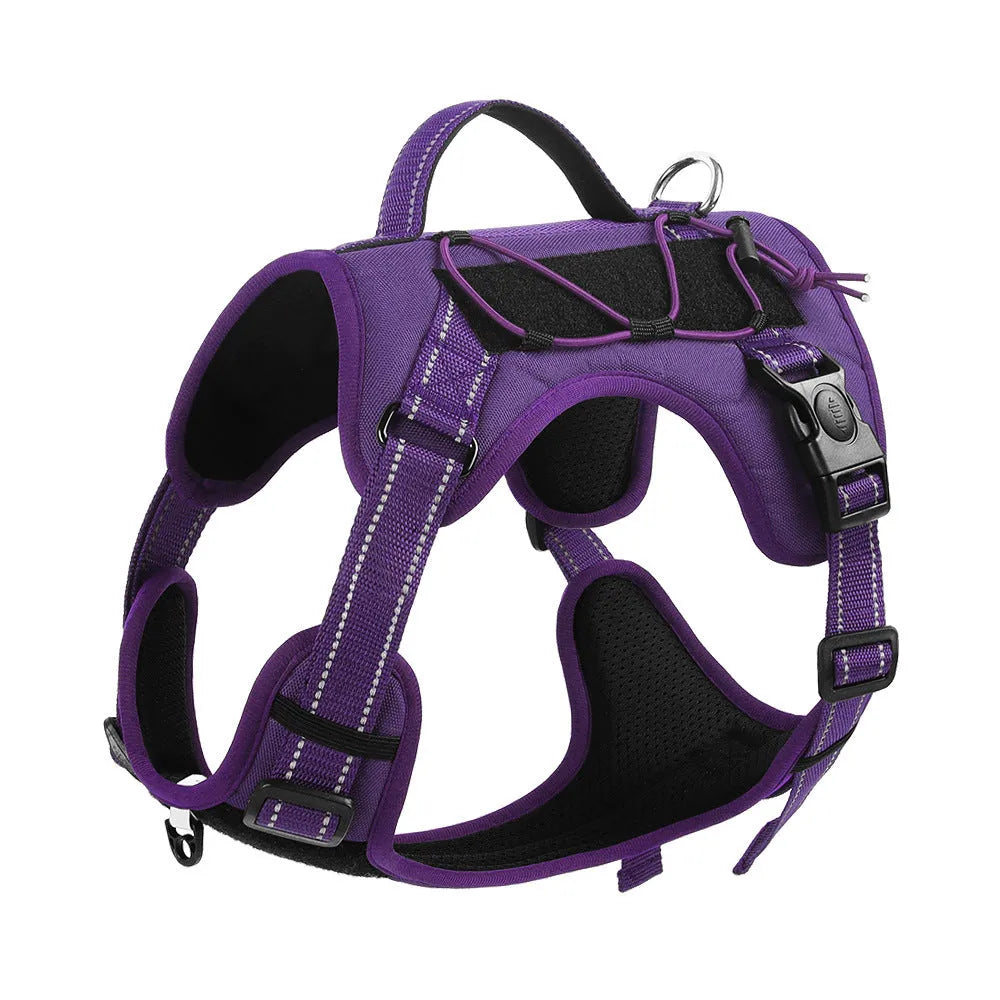 Reflective dog harness with explosion-proof hand-holding rope in orange colour showing vest design and secure grip