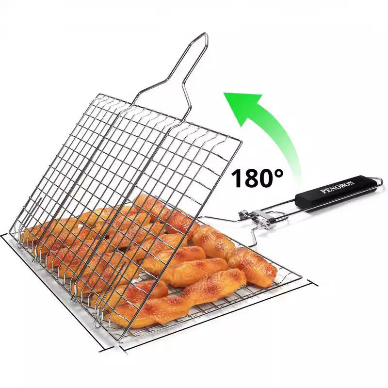 Square stainless steel folding barbecue grill mesh basket with cleaning brush