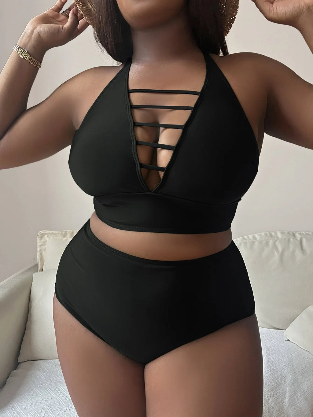 Plus size women's halter bikini set with adjustable cross straps and high waist briefs in solid colour