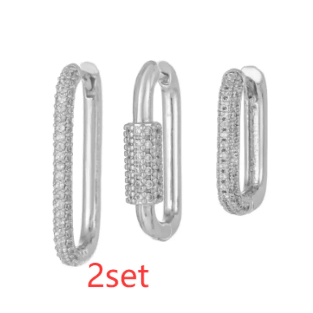 Three geometric square ear clips with micro inlaid zircon detailing in gold and white gold colours