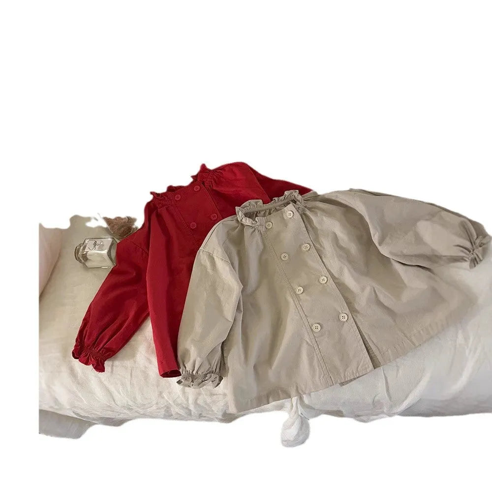 Girls cotton double breasted trench coat solid colour red short length spring summer