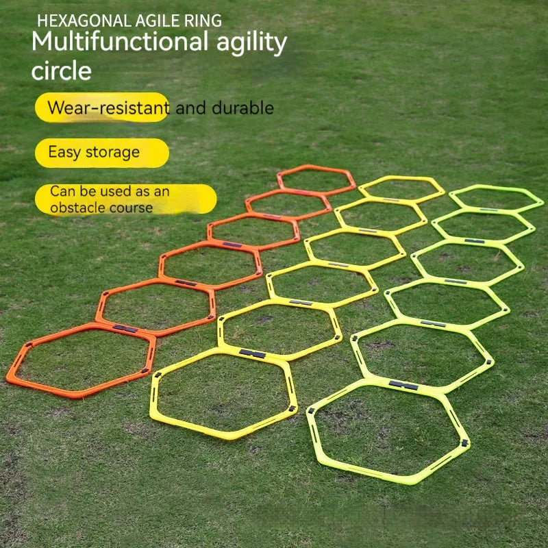 Six foldable hexagon agility training rings in yellow, green and orange colours for football drills