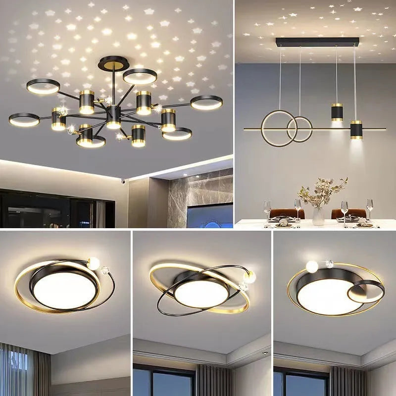 Black iron pendant chandelier with 13 light heads in Nordic star design
