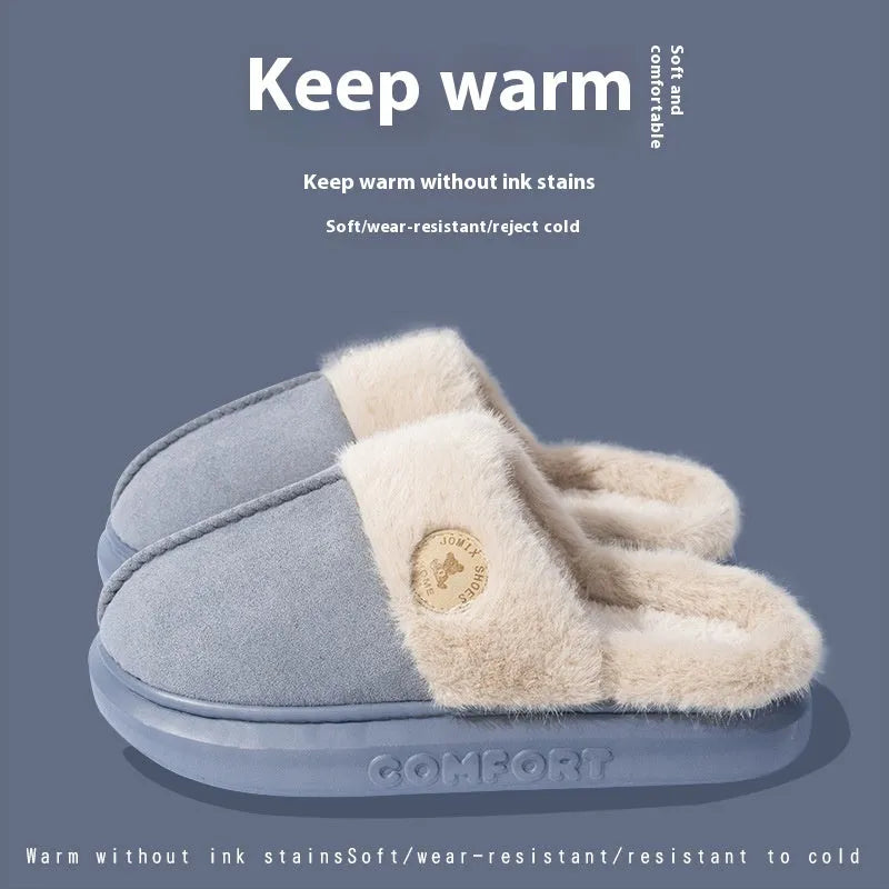 Fleece indoor slippers with thick PVC soles in various colours showing car stitching detail