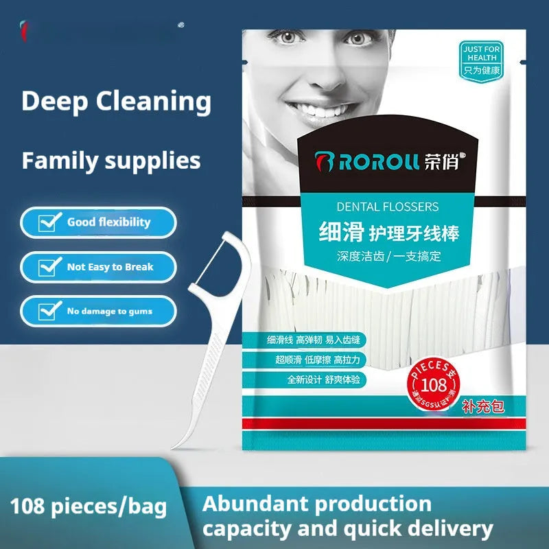 Plastic dental floss dispenser bag with 180x238mm dimensions containing multiple floss pieces
