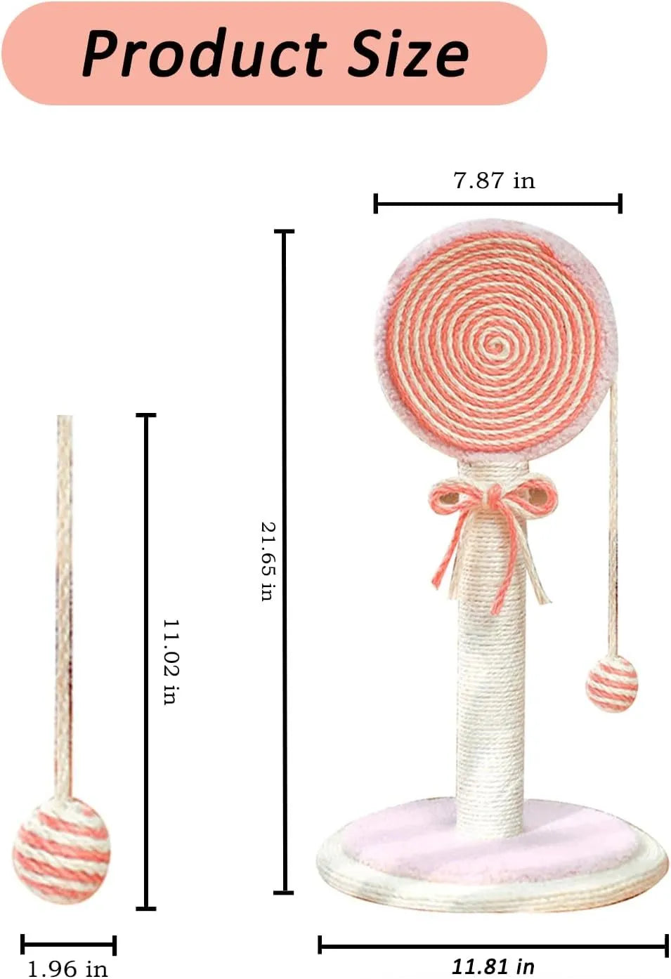 Blue sisal rope cat scratching post with a hanging toy ball on a sturdy wooden base.
