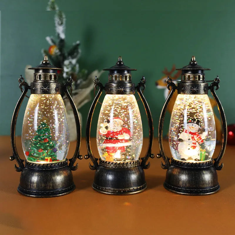 Crystal ball Christmas lamp with illuminated snowman figure inside, on a wooden table.