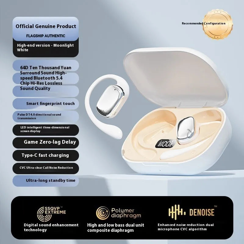 Ear-mounted wireless headphones with digital display screen in skin colour, black, and white colour options.