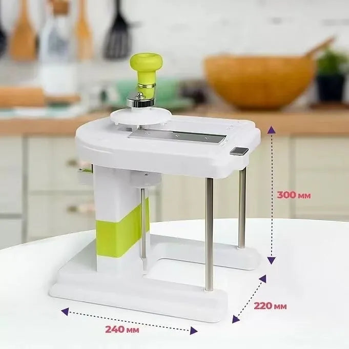Beige stainless steel multifunctional vegetable slicer chopper and grater kitchen tool.