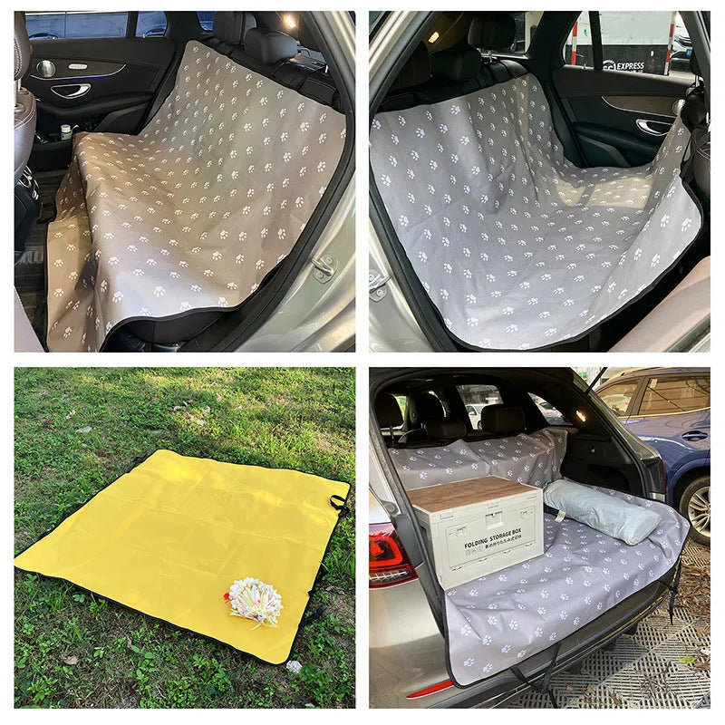 Waterproof cloth car pet mat for rear seat with dog bone print design on a grey background.