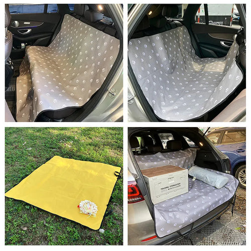 Waterproof cloth car pet mat for rear seat with dog bone print design on a grey background.