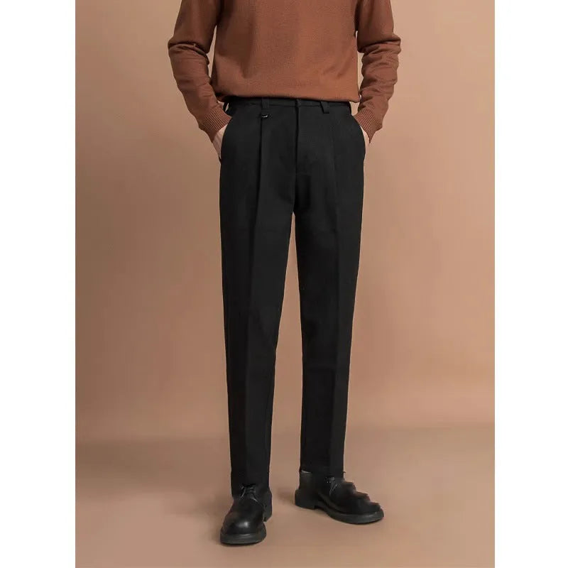 Men's straight-leg business casual trousers in draped style showing four colour options