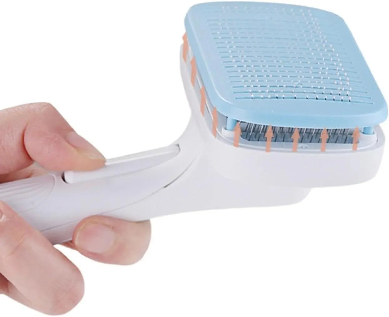 Automatic pet hair removal comb for dogs and cats in blue, grey, green, or pink with one-click needle technology
