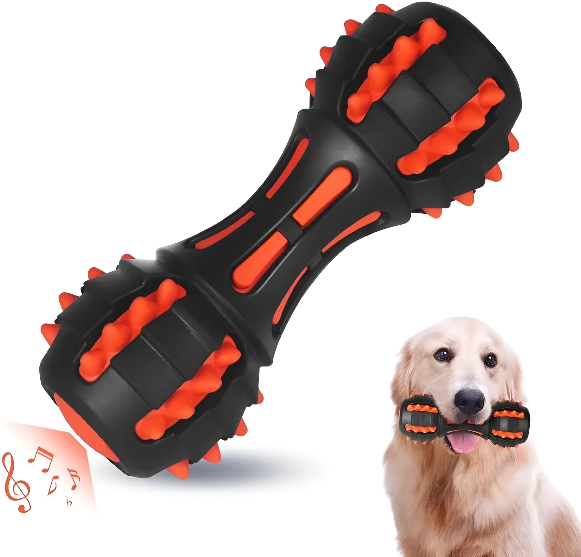 Red rubber dumbbell-shaped dog chew toy with textured surface for dental cleaning
