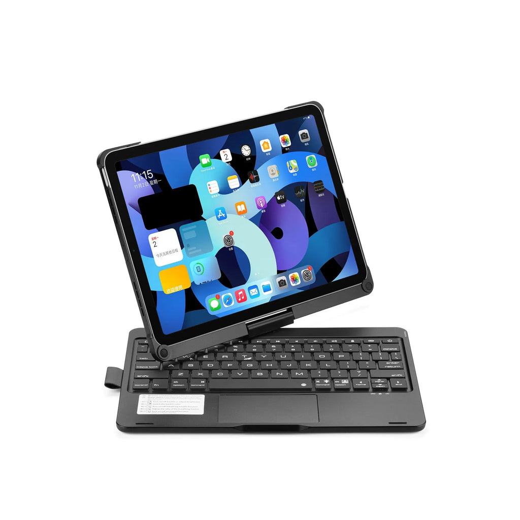 Silver 360-degree rotating Bluetooth backlit keyboard next to an iPad Pro.