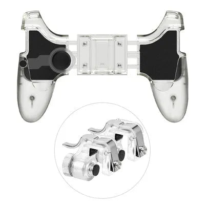Black mobile phone gamepad handle showing physical buttons and plug-in connection