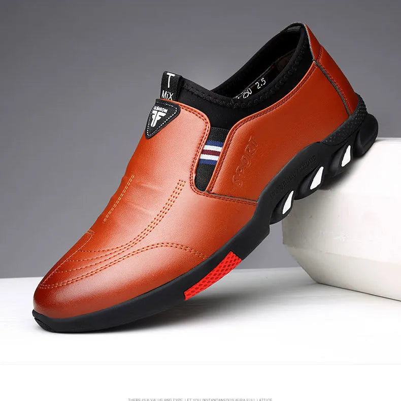 Men's black and brown PU leather business shoes with plain toe and flat heel.