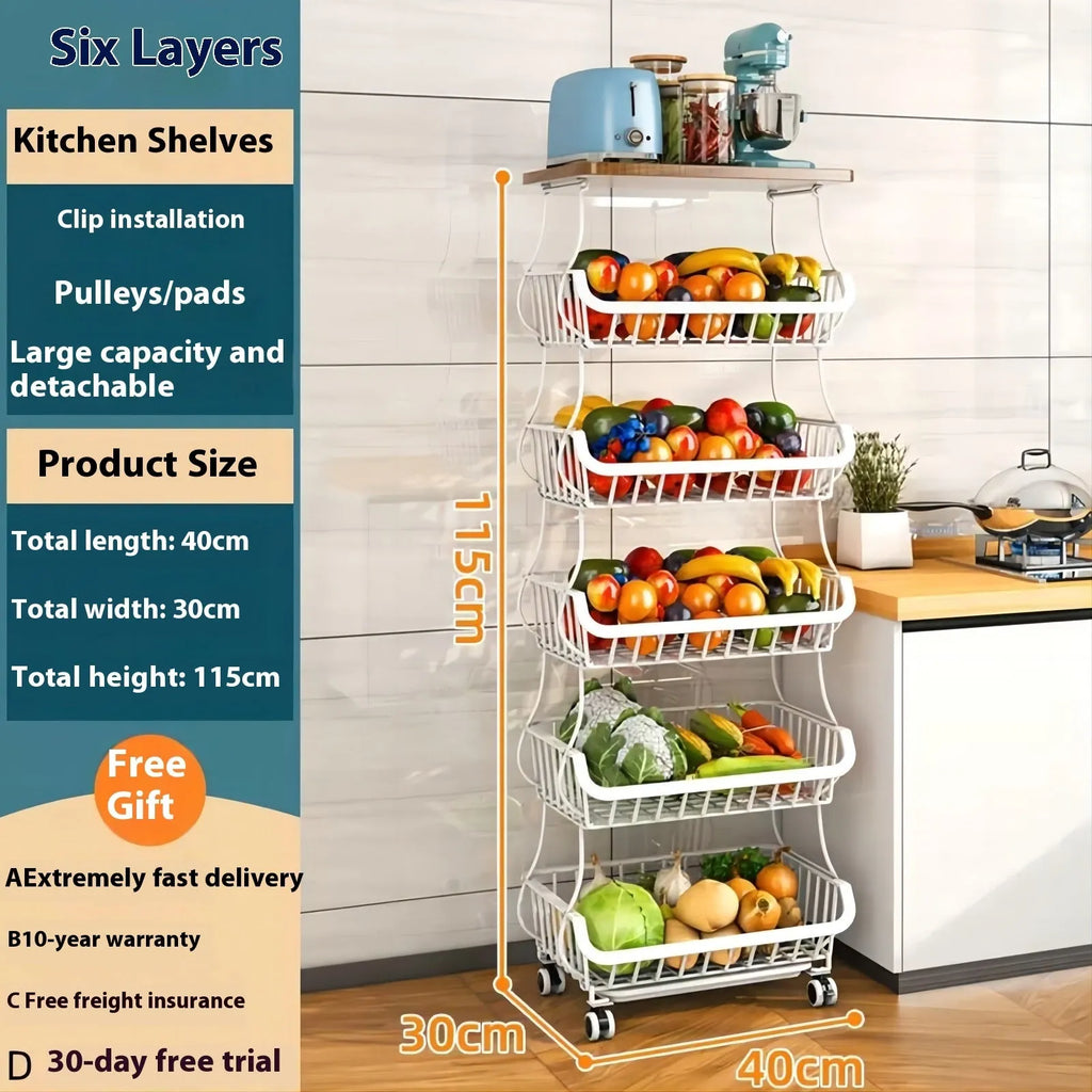 Black six-layer carbon steel kitchen floor storage rack with foldable design