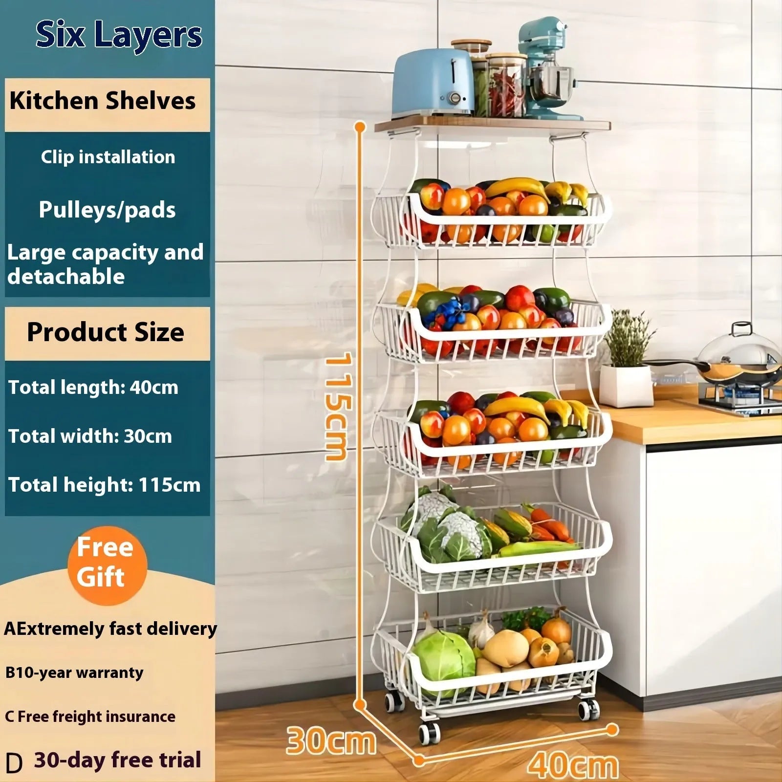 Black six-layer carbon steel kitchen floor storage rack with foldable design