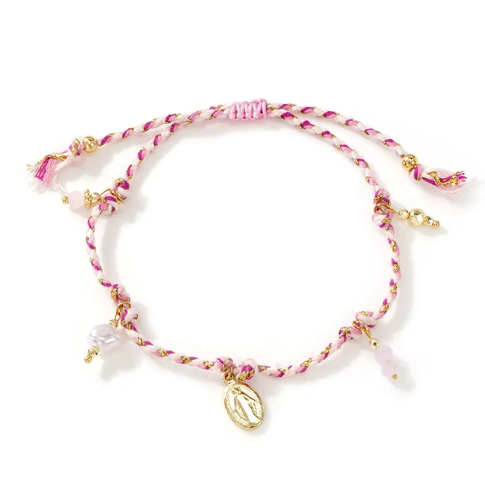 A colourful hand-woven braided rope bracelet with an adjustable strap and tag charm.