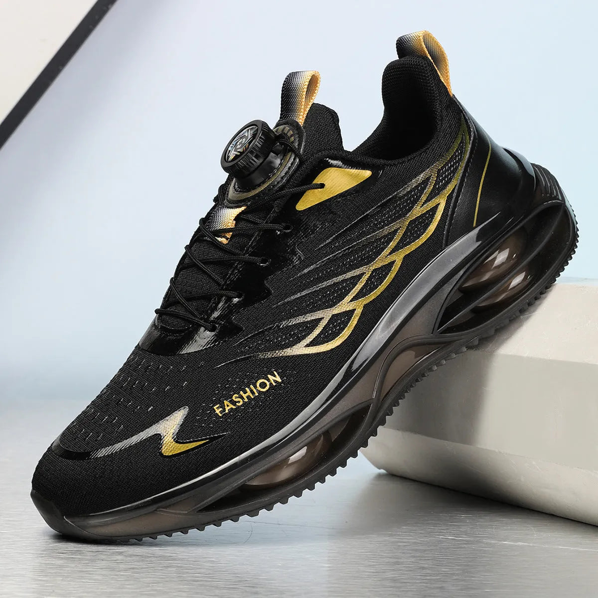 Casual breathable running shoes in sky blue, black gold, or white with mesh upper and rubber sole