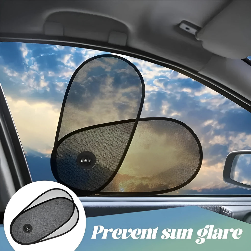 Black breathable car window shades stretched across a car side window with suction cup attachments