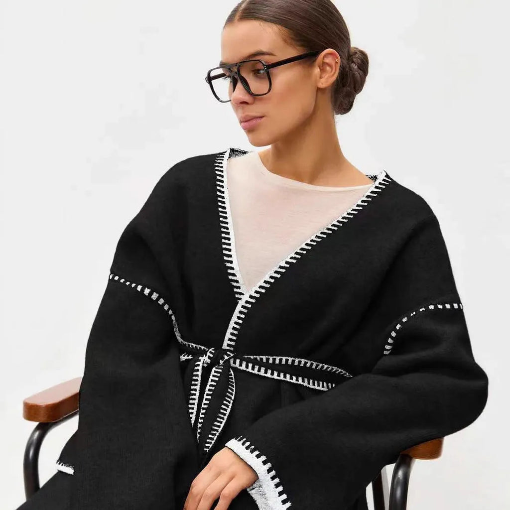 Lace-up knitted cardigan in camel colour with loose fit and mid-length design