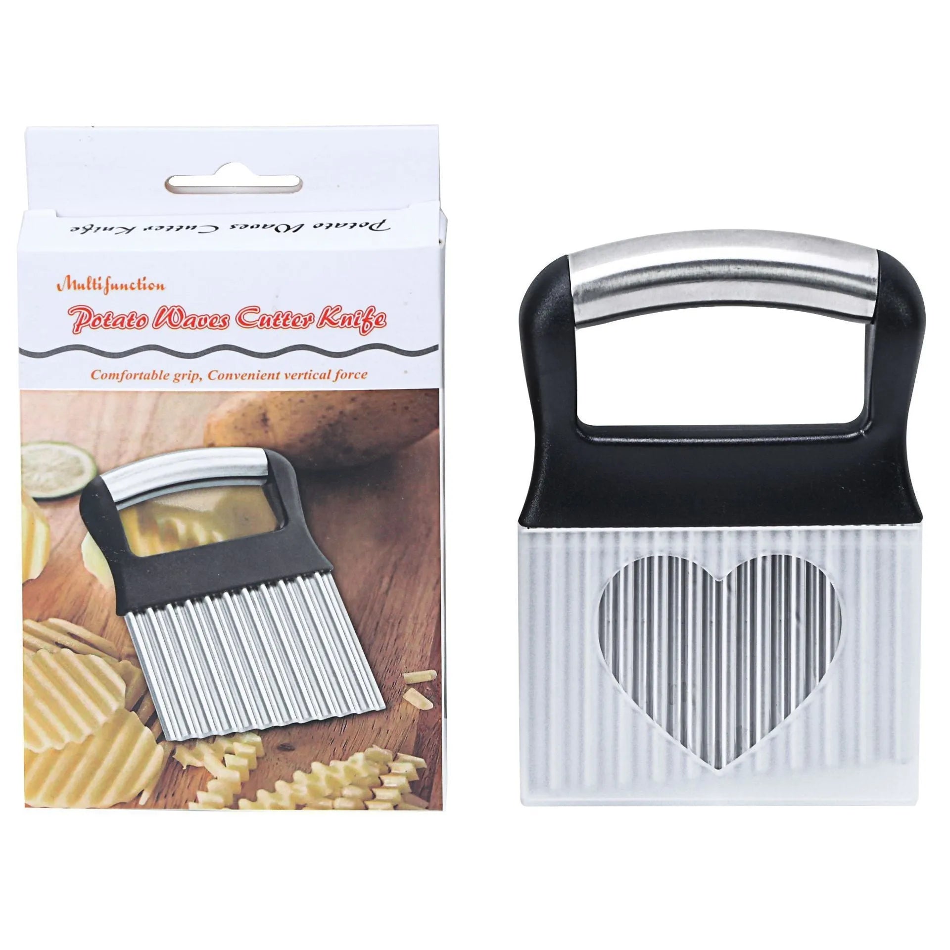 Stainless steel potato wave knife on a kitchen counter, showing its crinkle cut blade and compact 14 cm size.