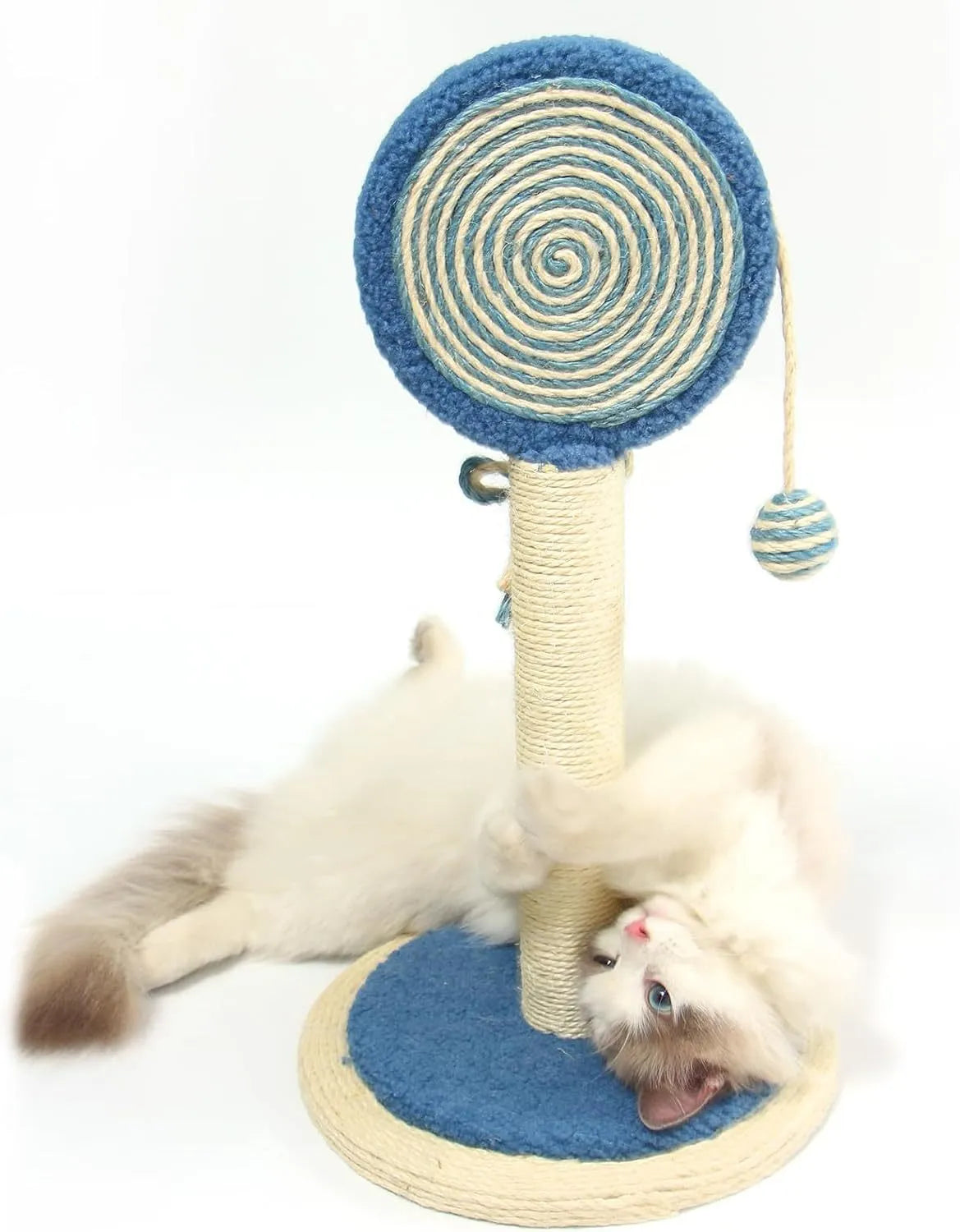 Blue sisal rope cat scratching post with a hanging toy ball on a sturdy wooden base.