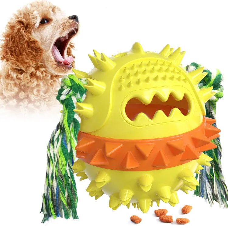 Blue and red ball-shaped dog chew toy with dental bumps and treat dispenser hole