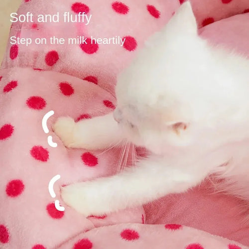 Pink dot patterned fabric cat bed shown in two sizes: 45cm and 65cm diameter.