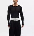 Black slim-fit long sleeve PU pullover with a see-through mesh texture on a model.