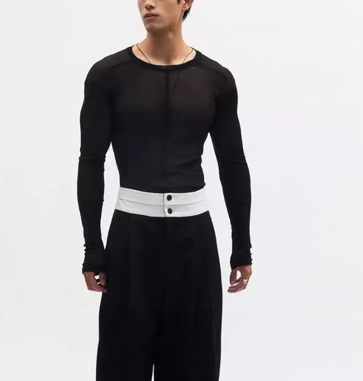 Black slim-fit long sleeve PU pullover with a see-through mesh texture on a model.