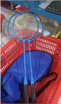 Blue and red alloy badminton rackets with split design showing separated and assembled states