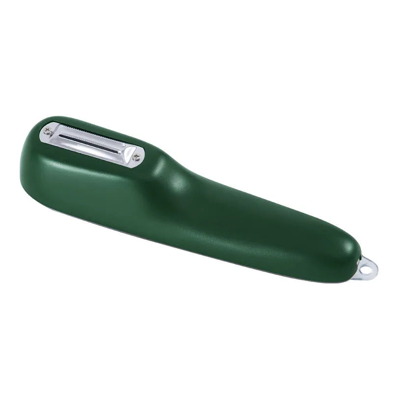 Dark green kitchen peeler with a stainless steel blade extended from its storage tube, showing the non-slip handle.
