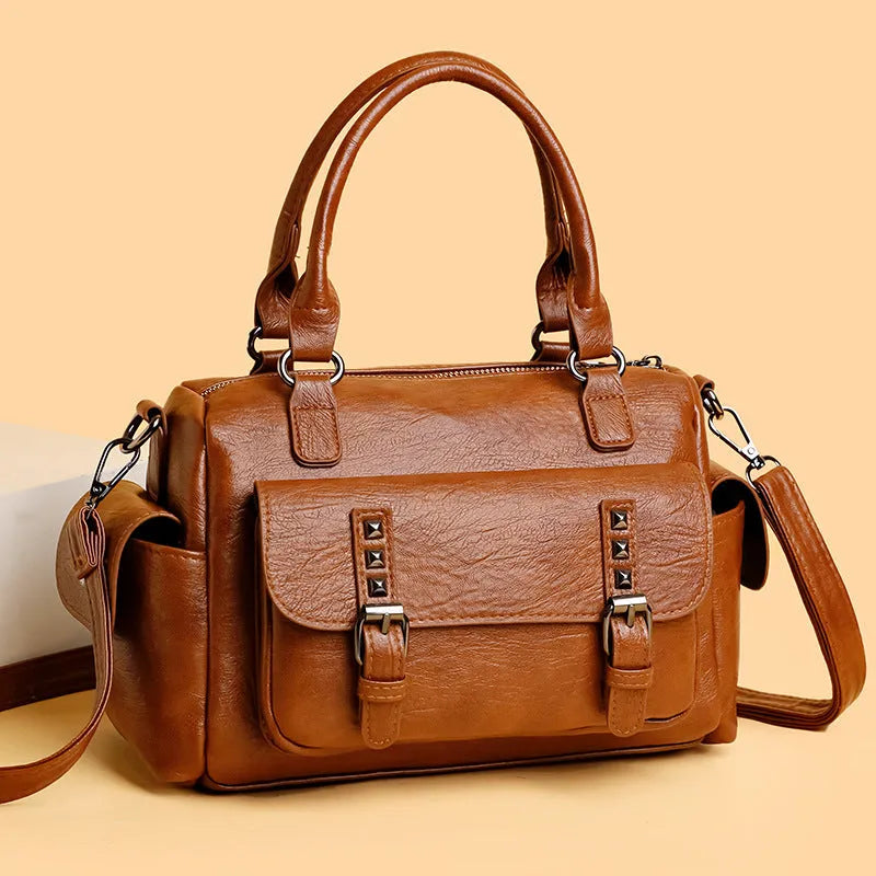 Vintage style large capacity messenger bag in horizontal square shape with contrast stitching, available in six colours