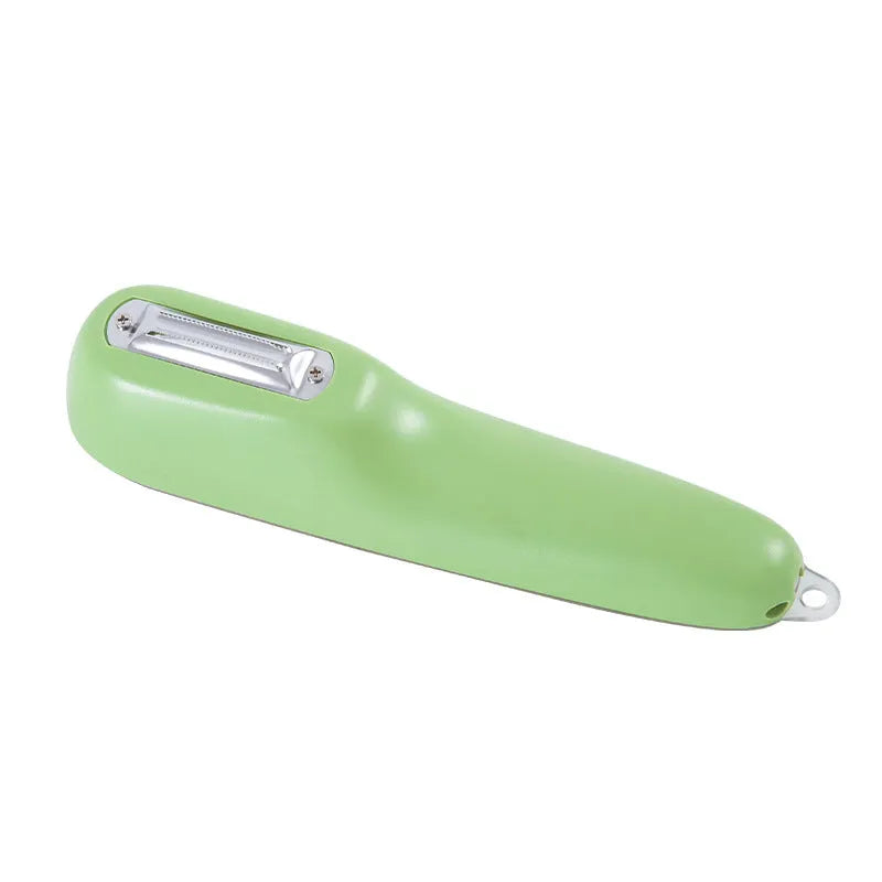 Dark green kitchen peeler with a stainless steel blade extended from its storage tube, showing the non-slip handle.