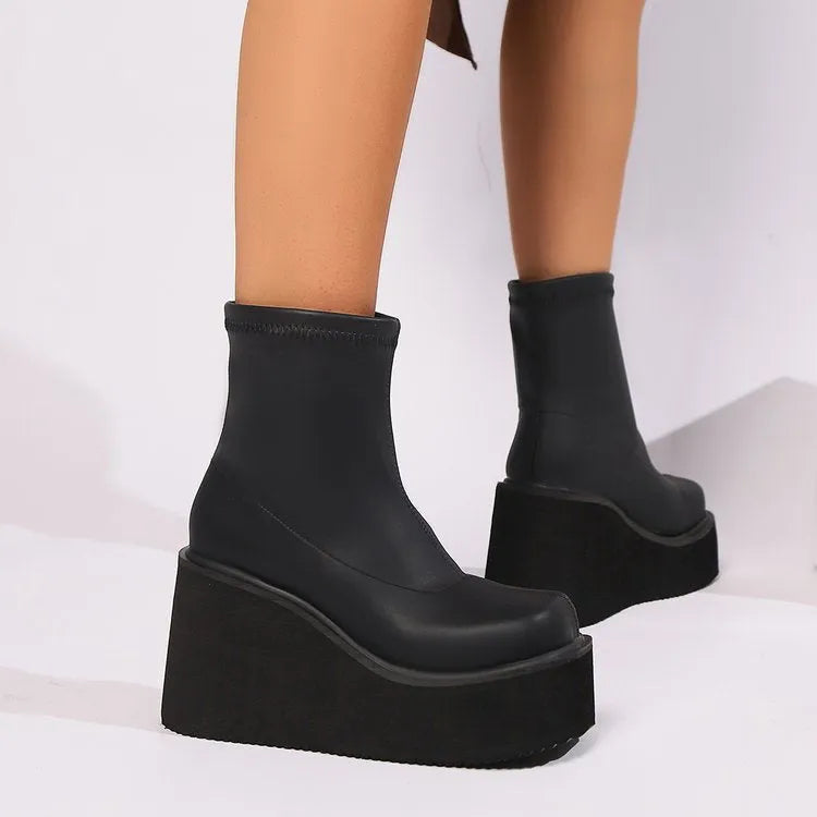 Plus size black wedge ankle boots with waterproof platform sole and cotton lining