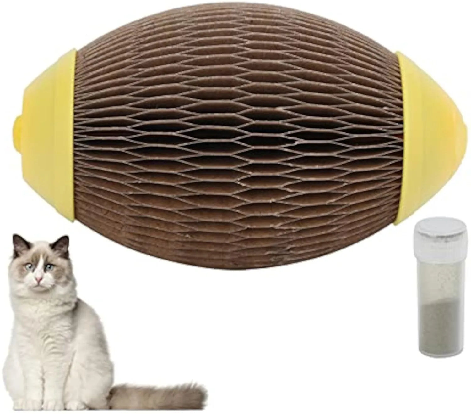 Elliptical corrugated paper cat toy ball with scratch surface for catnip insertion.