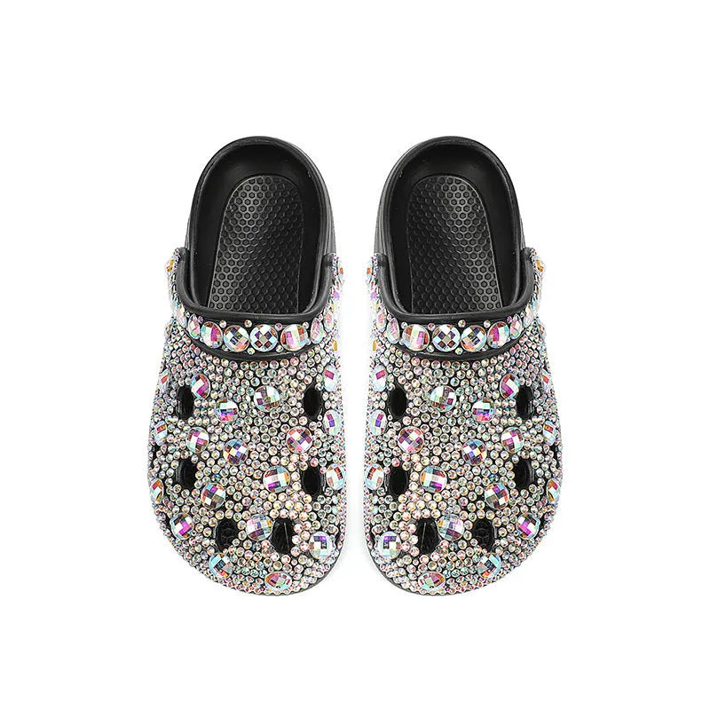 Black women's platform sandals with rhinestone detailing on EVA material