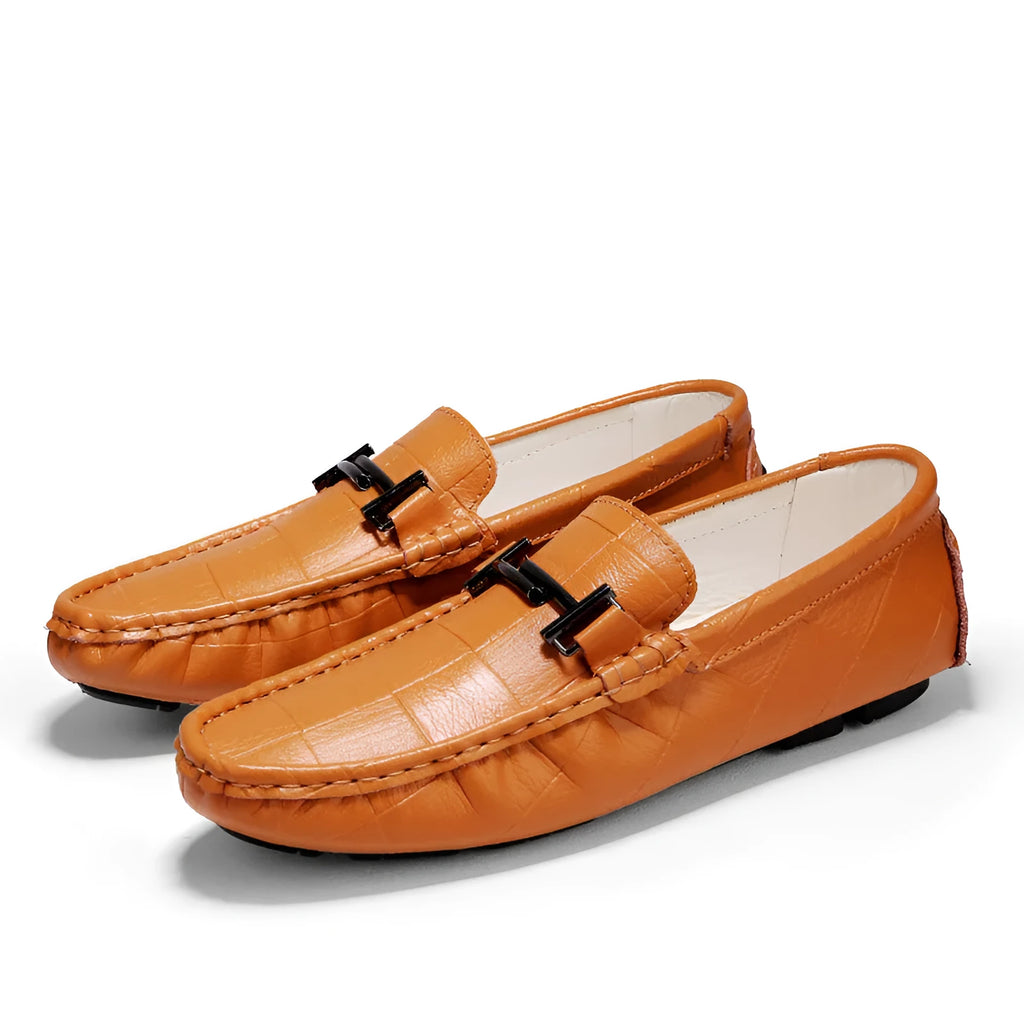 Men's casual leather shoes with belt buckle in black, blue, bronze, and white colour options