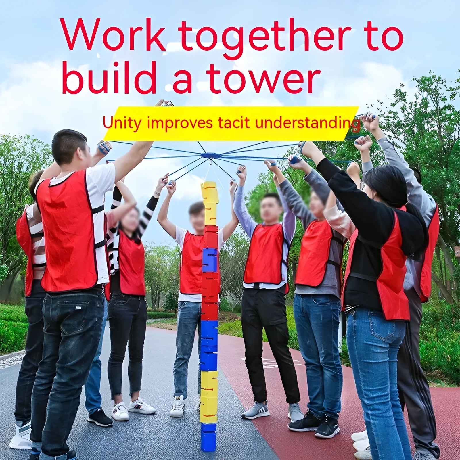 ABS plastic outdoor group building game equipment with pull ropes and tower blocks for team expansion activities