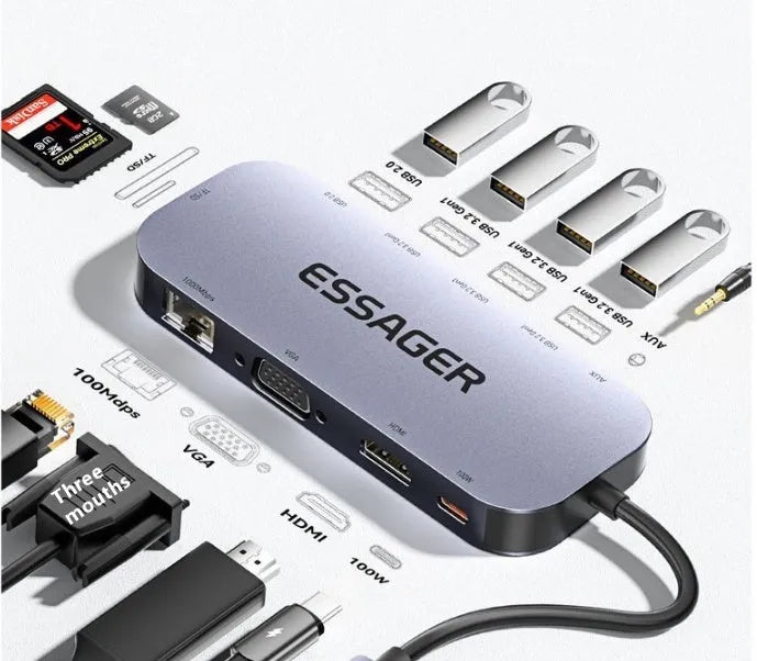 11-in-1 USB-C expansion dock with Gigabit Ethernet port and 20cm connecting cable