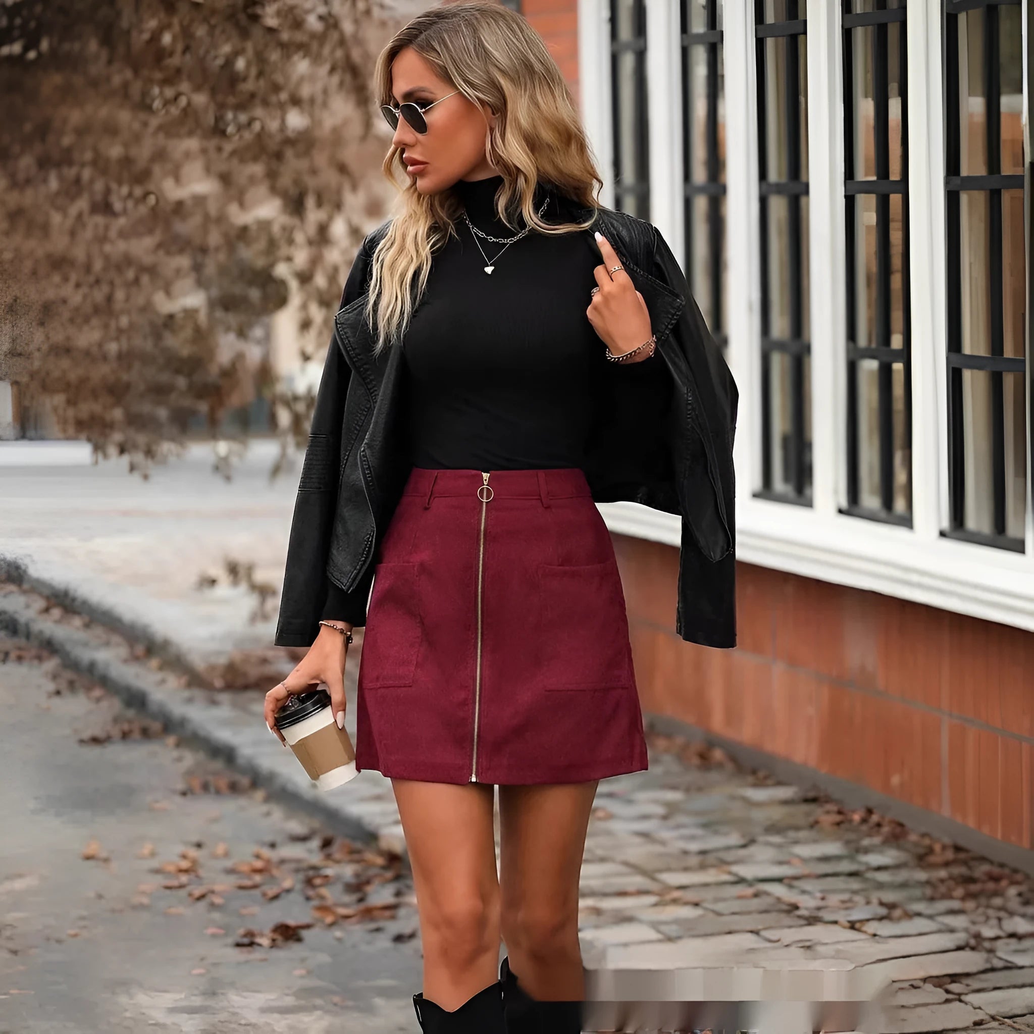 Women's high waist short skirt with stitching detail and side zipper in one of four colours.
