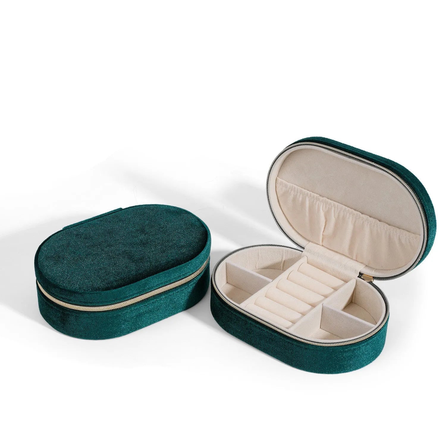 Oval velvet jewellery storage box with flannel lining in multiple colour options
