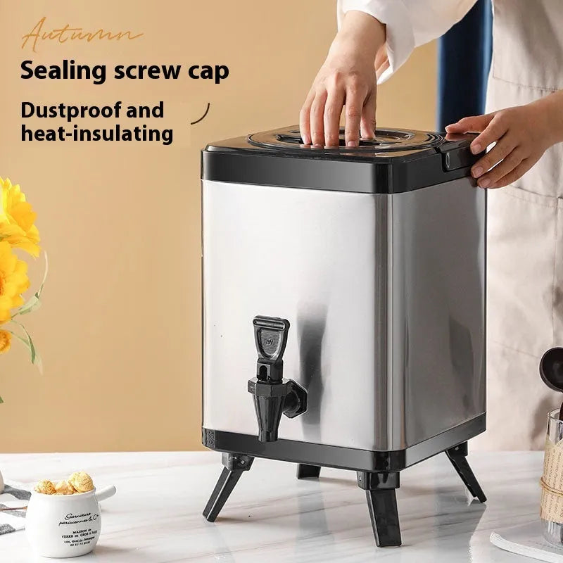Silver stainless steel milk tea cold insulation barrel with square lock lid, 8 litre capacity