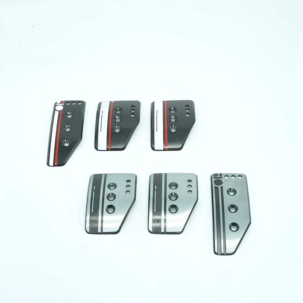 Aluminium alloy manual transmission car pedal set showing accelerator, brake, and clutch pedals