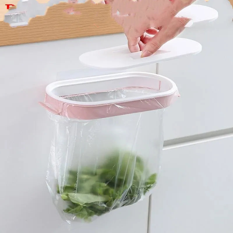 Blue plastic kitchen garbage bag storage rack for cabinet organisation.