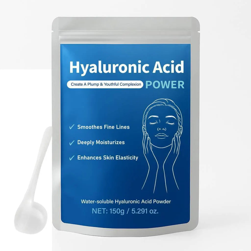 Container of hyaluronic acid powder with 150g net content for DIY skincare formulation