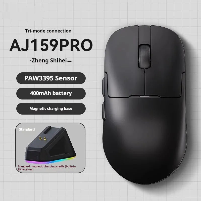 AJ159 gaming mouse in yunfeng white on a desk, showing compact size and Teflon foot pads